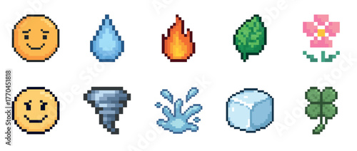 Pixel art symbols: emoticon, elements, nature icons in retro style