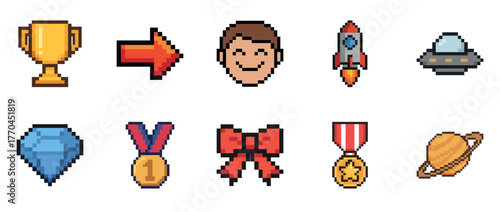 Colorful pixel art icons: trophy, arrow, male face, rocket, ufo, diamond, medal, bow, saturn