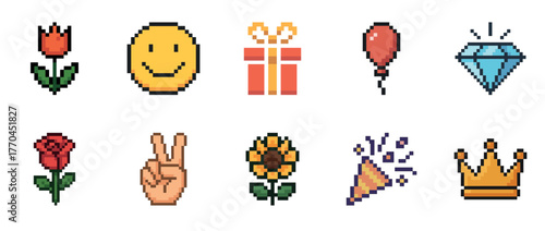 Colorful pixel art icons: happy emoji, gift box, balloon, diamond, flowers, peace hand sign