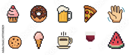 Pixel art collection of food and drink icons including pizza, ice cream, and coffee