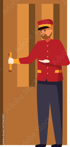 Bellboy in uniform opening door, welcoming guests to their hotel room, providing excellent hospitality service