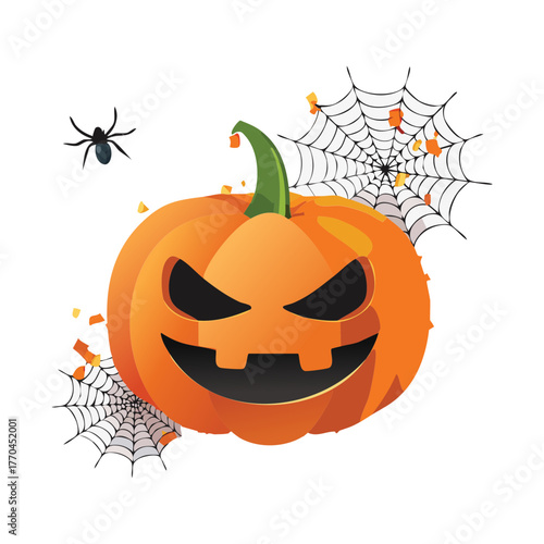 Illustration of a sinister jack-o'-lantern with an evil grin next to a detailed spider web and two small scary spiders, horror design