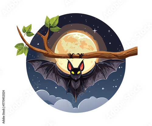Illustration of a gothic brown bat clinging to a branch under a massive full moon, a classic spooky night scene artwork