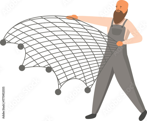 Fisherman wearing overalls holding fishing net, preparing to cast and catch fish