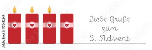 Liebe Grüße zum 3. Advent - Schriftzug in deutscher Sprache. Grußkarte mit vier roten Kerzen dekoriert mit einer rot-weiß karierten Banderole.