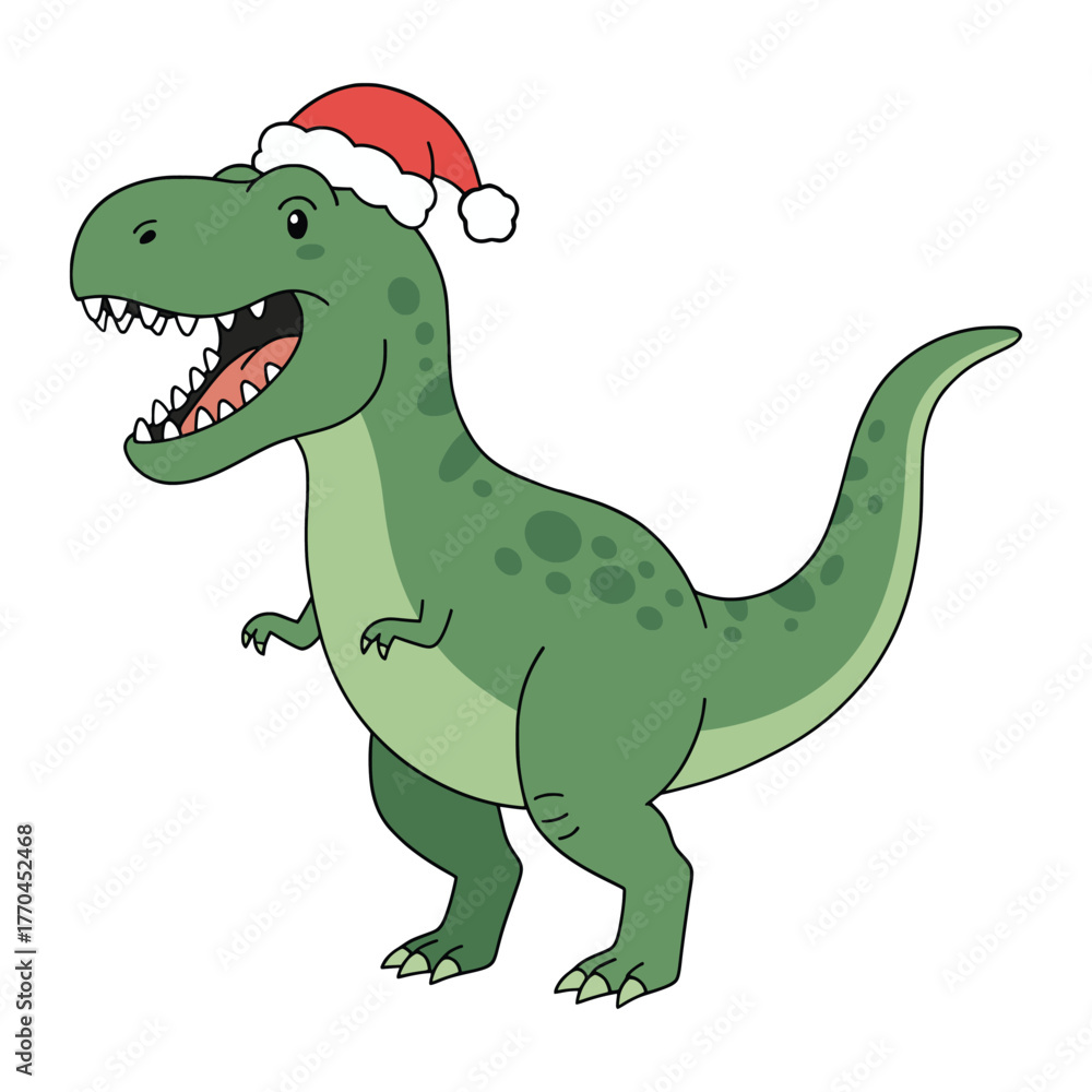 Obraz premium Cute Christmas Dinosaur – Funny T-Rex Wearing Santa Hat Vector Illustration