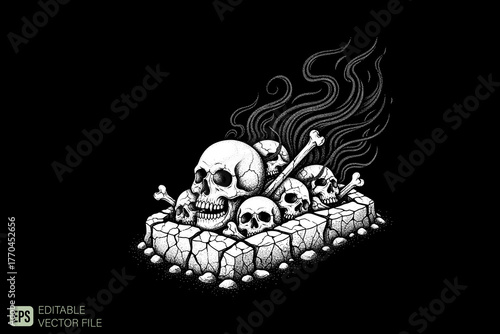 Pile of Skulls and Bones with Smoke in a Stone Coffin.