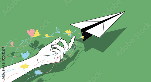 Dreamy escape hand launching paper airplane with floral details conveying imagination