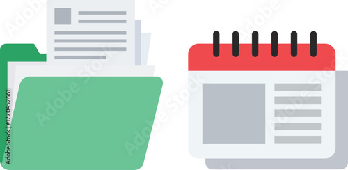 Green folder with documents and red calendar with black binding papers