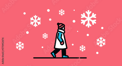 Winter promenade: a stylized depiction of a pedestrian amidst falling snowflakes and cold air