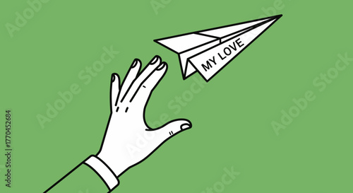 Sending affection: A hand reaching for a paper airplane with heartfelt message
