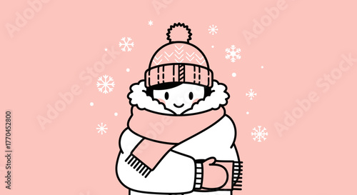 Whimsical winter scene with a character bundled up against the snow on a pastel background