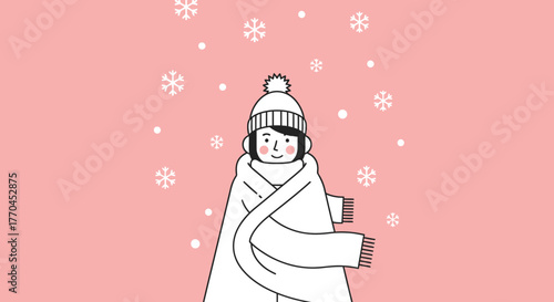 Illustration of a person wrapped in a scarf during snowfall on a pink background evokes winter