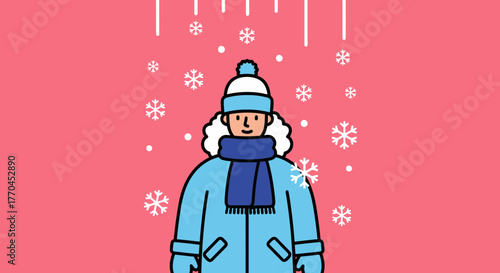 A cozy winter illustration featuring a person bundled up in winter clothing amidst snowflakes on a