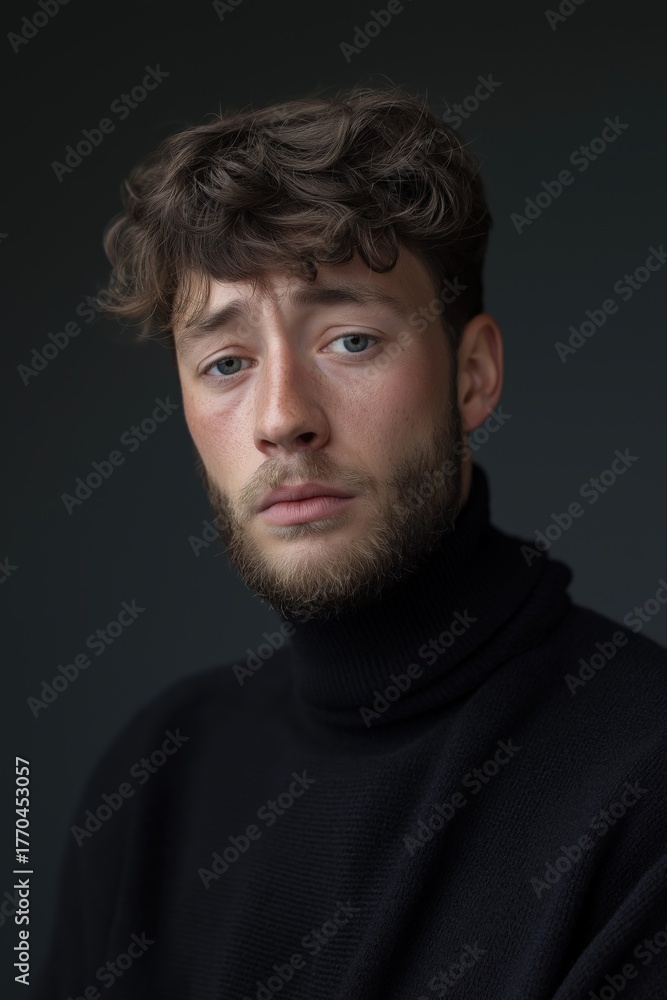 Fototapeta premium Young caucasian male with curly hair in black turtleneck against dark background