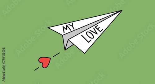 Paper airplane carrying a message of affection, symbolizing love and connection through flight and