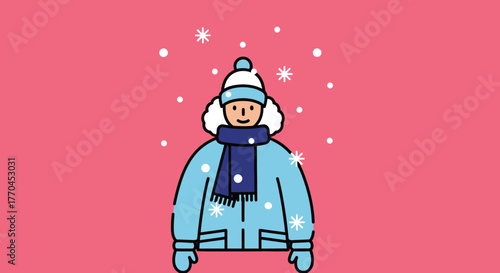 Whimsical winter illustration of a person enjoying a snowy day in cozy attire against pink