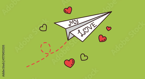 Paper airplane sending affection and fondness across the green firmament of love