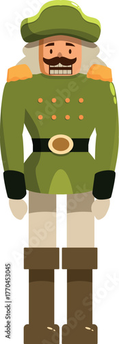 Classic wooden toy soldier with green uniform, tricorn hat, and mustache, adding a festive touch to christmas celebrations