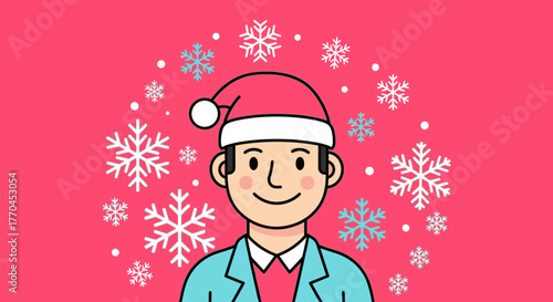 Festive cartoon man wearing santa hat surrounded by snowflakes on red backdrop
