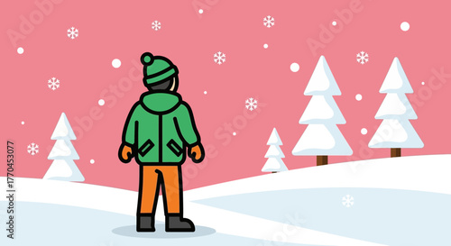 Enchanting Winter Wanderer, Cartoon Illustration with Snowy Trees and Whimsical Pink Sky