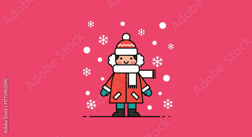 Cheerful winter character enjoying a snowy day in a festive cartoon illustration scene