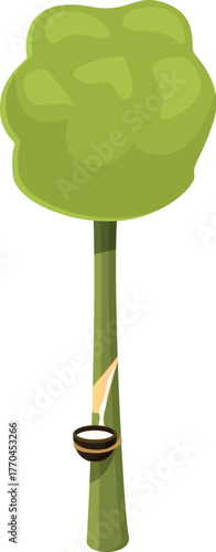 Latex dripping into a coconut shell from a tapped rubber tree, illustrating sustainable resource extraction