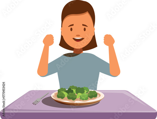 Girl expressing joy while eating healthy broccoli, promoting healthy eating habits for children