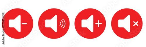 Audio Control Icons Vector Set with Volume Up, Down, Mute, and Sound On Symbols in Red Circles