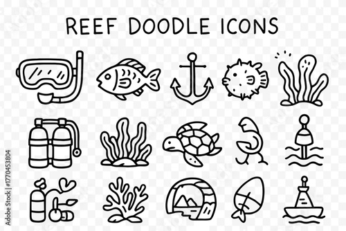 Reef icon set. Reef doodle icon. Marine life outline icon set. ocean, sea creatures, coral reef linear illustrations. Vector icon.