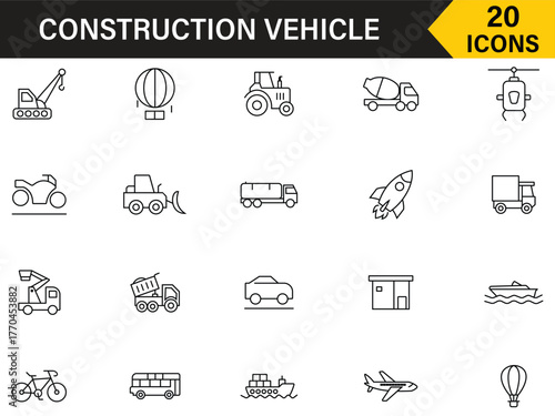 Construction vehicle icon set in line style. Van, tower crane, tractor, vacuum, truck, mixer, dump, concrete, pump, skid steer, boom lift and more symbol collection. Vector illustration.