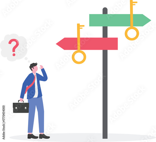 A businessman carries a key while a businesswoman looks confused at a signpost that says SOLUTION, 
