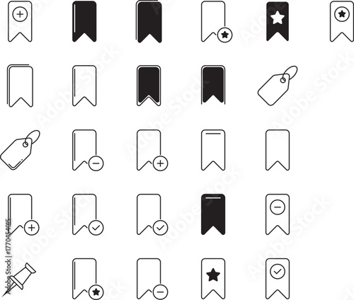 Collection of bookmarks and tag icons, featuring diverse styles including ribbon and star shapes, ideal for digital organization and marking