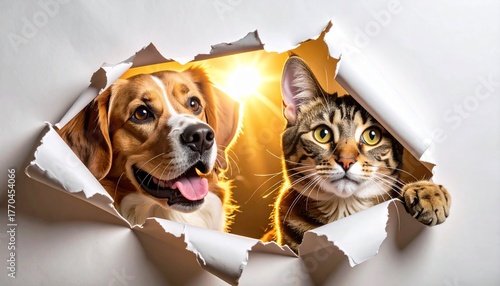 New Year 2026 revealed through torn paper, golden light, dog and cat looking happily