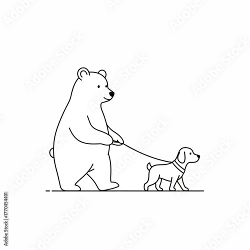 Funny Line Art of a Bear Walking a Dog on a Leash - Minimalist Outline Vector Sketch