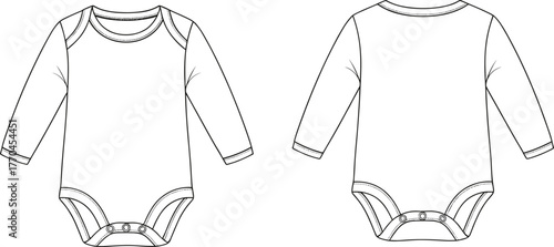 Baby onesie technical flat sketch, long sleeve infant bodysuit, envelope neckline romper, snap closure garment, newborn apparel fashion vector illustration