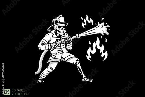 Skeleton Firefighter Extinguishing Flames with Water Hose Illust