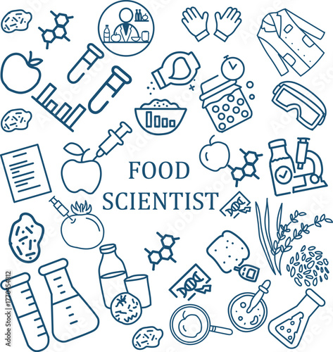 Creative hand drawn food science doodle icons set with lab tools, test tubes, DNA, and microscope. Perfect for nutrition, biotechnology, education, and modern scientific design projects.