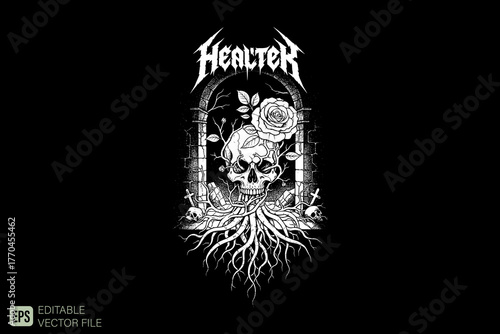 Skull with Rose and Roots in Archway Grunge Style Illustration.