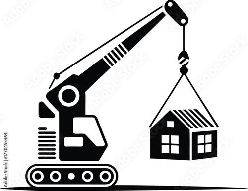 Black crane lifting a house icon construction building