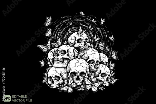 Pile of Skulls with Butterflies Black and White Illustration.