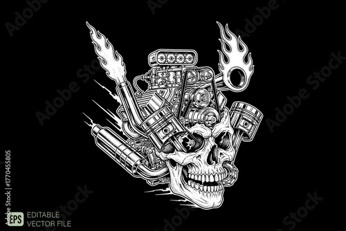 Skull with Engine and Flames - Hot Rod Culture Illustration.