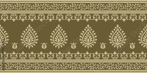 Indian ethnic pattern with elegant floral motifs in beige and olive green creating traditional and beautiful decorative design