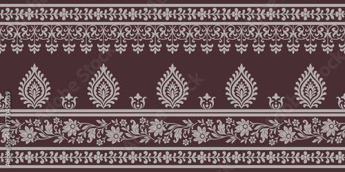 Indian ethnic pattern with elegant floral and leaf motifs in seamless design creating beautiful traditional decorative border