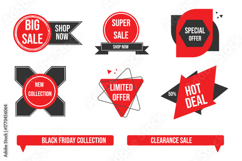 Red sale badges set for discounts and special offers.Ideal for online shops,banners,ads,social media and marketing.Fully editable vector graphics.Change text,colors and size instantly anywhere