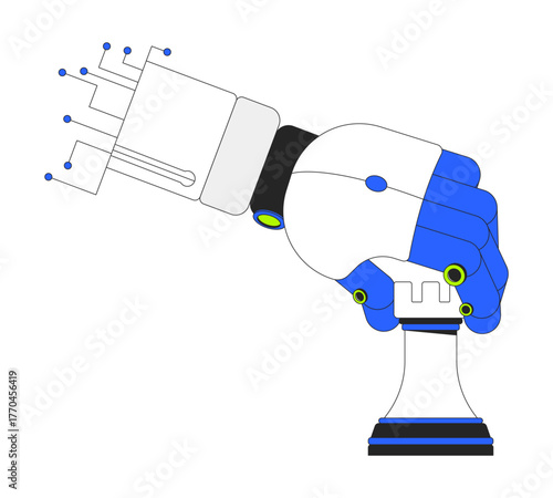 Robotic hand gripping rook chess piece vector illustration. AI robot arm holding chessman. Machine learning. Decision-making logic 2D cartoon image isolated on white. Editable flat clipart colorful