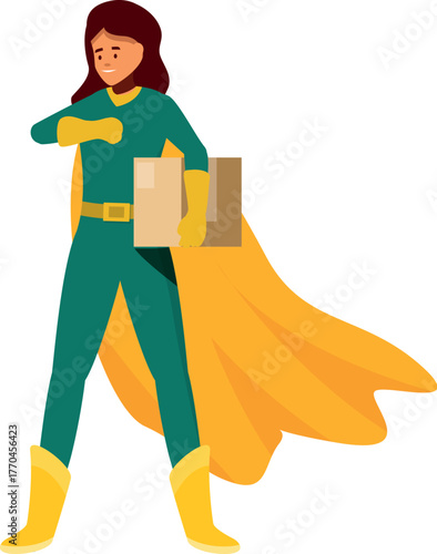 Female superhero courier wearing yellow gloves and cape is holding cardboard boxes and checking time on her wristwatch
