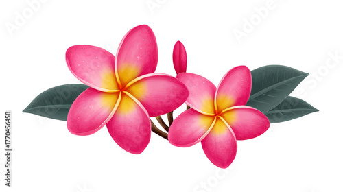 Pink plumeria flower tropical leaf nature blossom botany green foliage summer exotic vibrant decorative realistic illustration cheerful mood