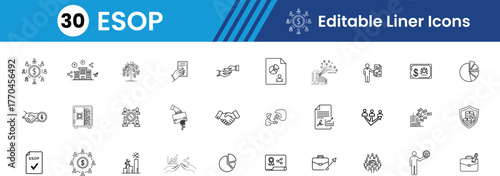 Esop glyph Icon set, Including Stock Certificate, Pie Chart, Growing Graph, Employee, Money Bag, Stock Up Arrow, Pie Graph, Investment, Growth, Shareholder Vector line Icons illustration