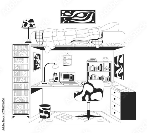Eclectic loft bed outline illustration. Student study desk with laptop, wall art, lamps, books, modern chair. Cozy nook furniture 2D line scene isolated on white. Monochrome vector ink linear image